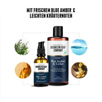 Brooklyn Soap Company Pflegeset mit Bartöl und Duschgel im Duft Blue Amber & Cedar.
