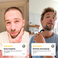 Zwei zufriedene Nutzer berichten über ihre Erfahrungen mit dem Activator Bartshampoo von der Brooklyn Soap Company und loben die einfache Anwendung und schnelle sichtbare Ergebnisse.