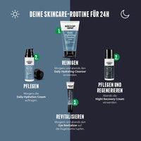 Die 24h-Skincare-Routine für Männer von der Brooklyn Soap Company:
Morgens und abends reinigen mit dem Daily Hydrating Cleanser. Danach morgens die Daily Hydration Cream für Feuchtigkeit und abends die Night Recovery Cream für Regeneration. Der Eye Revitalizer pflegt die Augenpartie morgens und abends. Für frische, gesunde Männerhaut.
