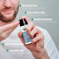 Daily Hydration Cream Tagescreme von der Brooklyn Soap Company mit Mann bei der Anwendung; leichte, nicht fettende Tagescreme für alle Hauttypen mit intensiver Feuchtigkeit durch Hyaluron, Glycerin und Süßmandelöl, stärkt die Hautbarriere mit Niacinamid, Ceramiden und Haferöl, sorgt für strahlenden Teint und zieht schnell ein – ideal für die morgendliche Pflege.