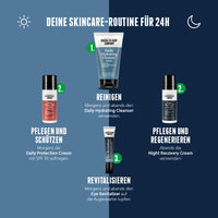 Eine effektive Gesichtspflege-Routine für Männer mit der Daily Protection Cream von Brooklyn Soap Company. Die Haut wird morgens mit LSF 30 geschützt, intensiv mit Hyaluron und Ceramiden hydratisiert und abends mit der Night Recovery Cream regeneriert. Für eine gepflegte und gesunde Haut den ganzen Tag über.