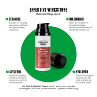 Die Daily Protection Cream von Brooklyn Soap Company enthält hochwirksame Inhaltsstoffe für eine gesunde und hydratisierte Haut. Ceramide binden Feuchtigkeit, Niacinamid stärkt die Hautbarriere, Glycerin schützt vor Austrocknung und Hyaluron sorgt für mehr Hautelastizität. Ideal für Männer, die ihre Haut optimal pflegen möchten.