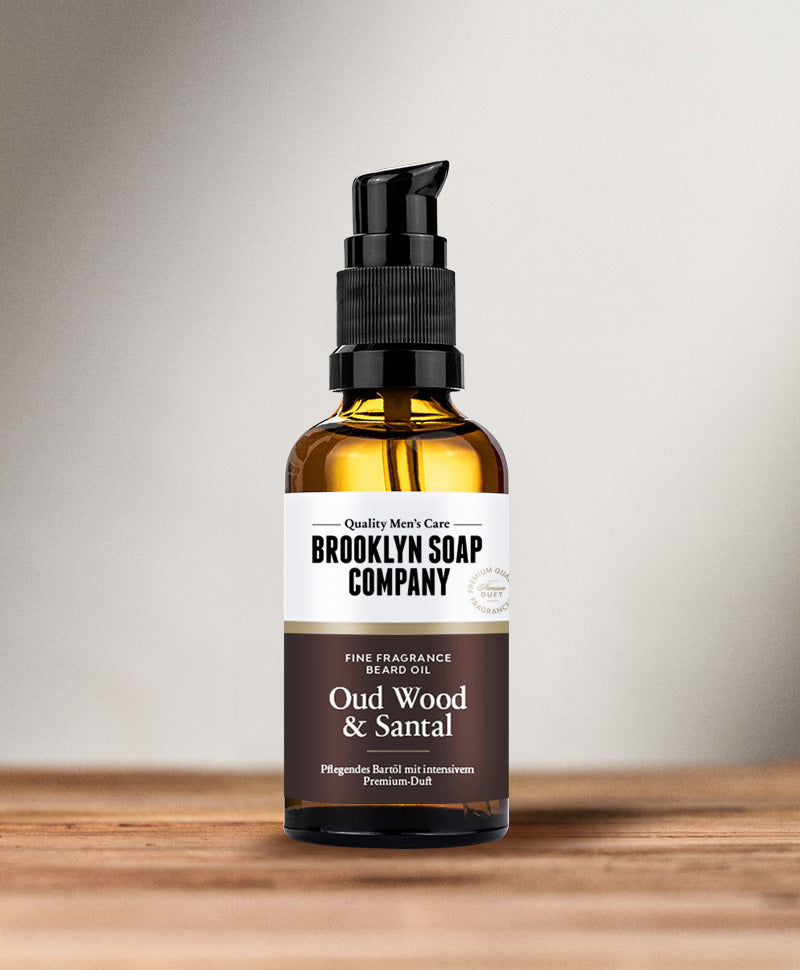 Brooklyn Soap Rasieröl Oud Wood – Pflegeöl für eine sanfte Rasur, mit holzig-würzigem Duft.