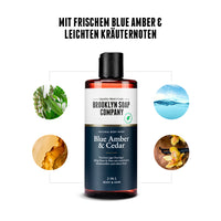 Das 2-in-1 Duschgel spendet Feuchtigkeit, schützt die Haut und hinterlässt einen frischen, fruchtigen Duft mit Amber- und Kräuternoten.