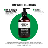 Brooklyn Soap Company Bodylotion mit hochwertigen Inhaltsstoffen: Enthält Hanföl, Mandelöl, Sonnenblumenöl und Vitamin E, spendet intensive Feuchtigkeit, pflegt die Haut weich und schützt vor dem Austrocknen, mit würzigem Duft nach Muskat und Zedernholz.