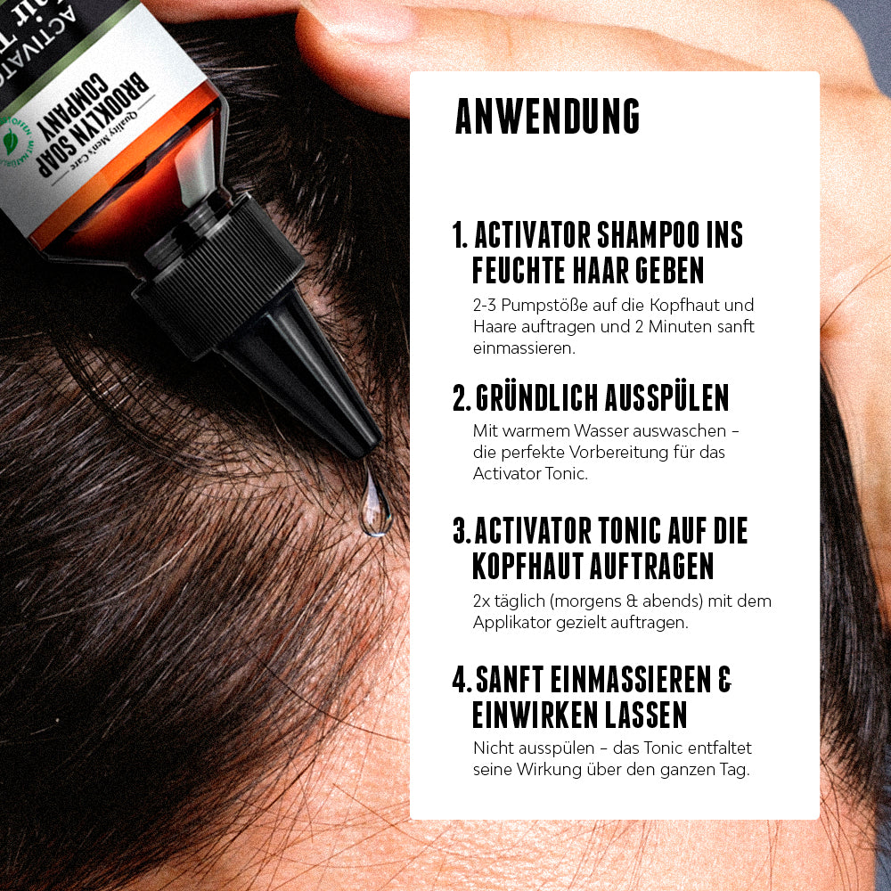 Das Activator Hair Bundle lässt sich einfach und schnell in nur zwei Schritten, bestehend aus Shampoo und Tonic, anwenden.