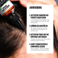 Das Activator Hair Bundle lässt sich einfach und schnell in nur zwei Schritten, bestehend aus Shampoo und Tonic, anwenden.