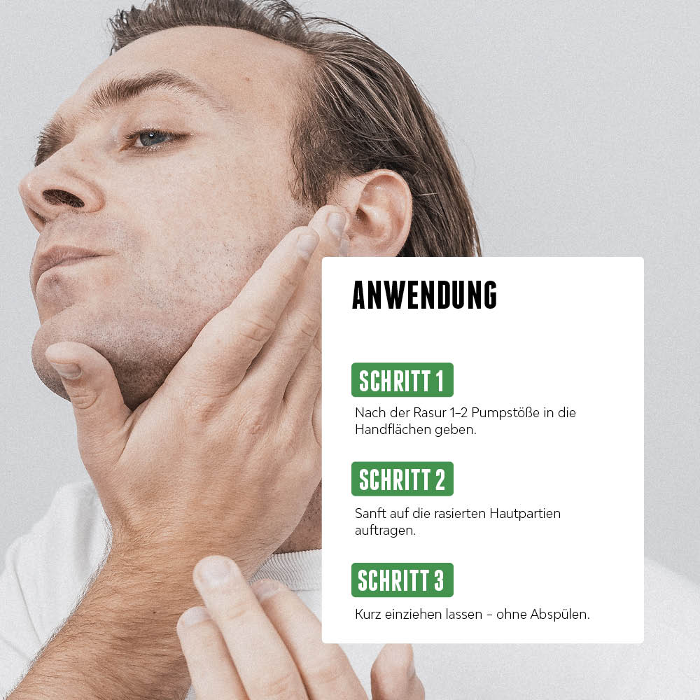 Mann trägt Aftershave Serum auf das Gesicht auf, daneben eine Anleitung in drei Schritten zur richtigen Anwendung des Produkts nach der Rasur.