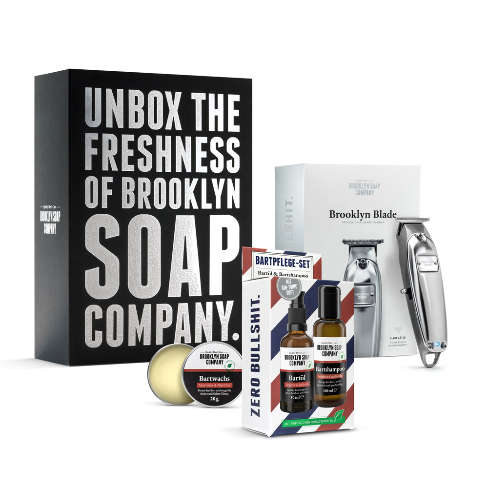 Die hochwertige Bartpflege-Box mit Bartshampoo, Bartwachs, Bartöl und Barttrimmer in Barbershop-Qualität für Männer in der schwarzen Geschenkbox -das ideale Geschenk für deinen Papa, Freund oder dich selbst.