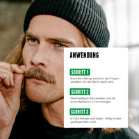Mann mit Mütze bringt seinen Bart mit den Fingern in Form, daneben Anleitung zur Anwendung des Bartwachses.