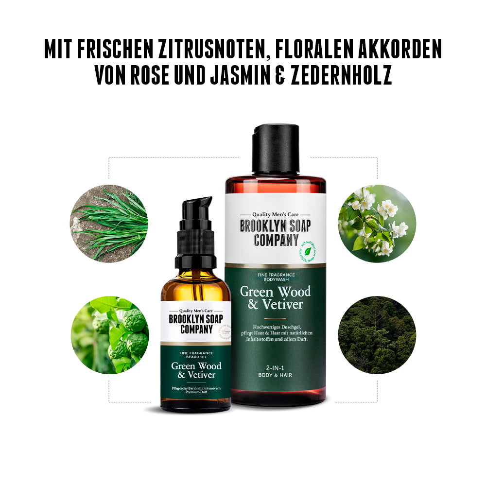 Brooklyn Soap Company Green Wood & Vetiver Duschgel und Bartöl – Produktbild mit Duftnoten: Zitrone, Rose, Jasmin, Vetiver und Zedernholz