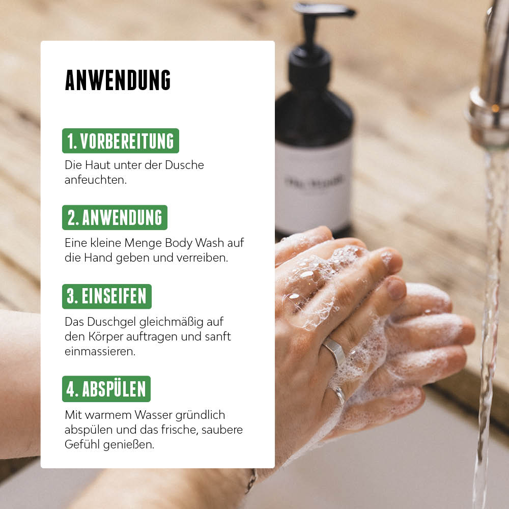 Hände unter laufendem Wasser beim Einseifen, daneben Anwendungshinweise für das Blue Moon Body Wash in vier Schritten.