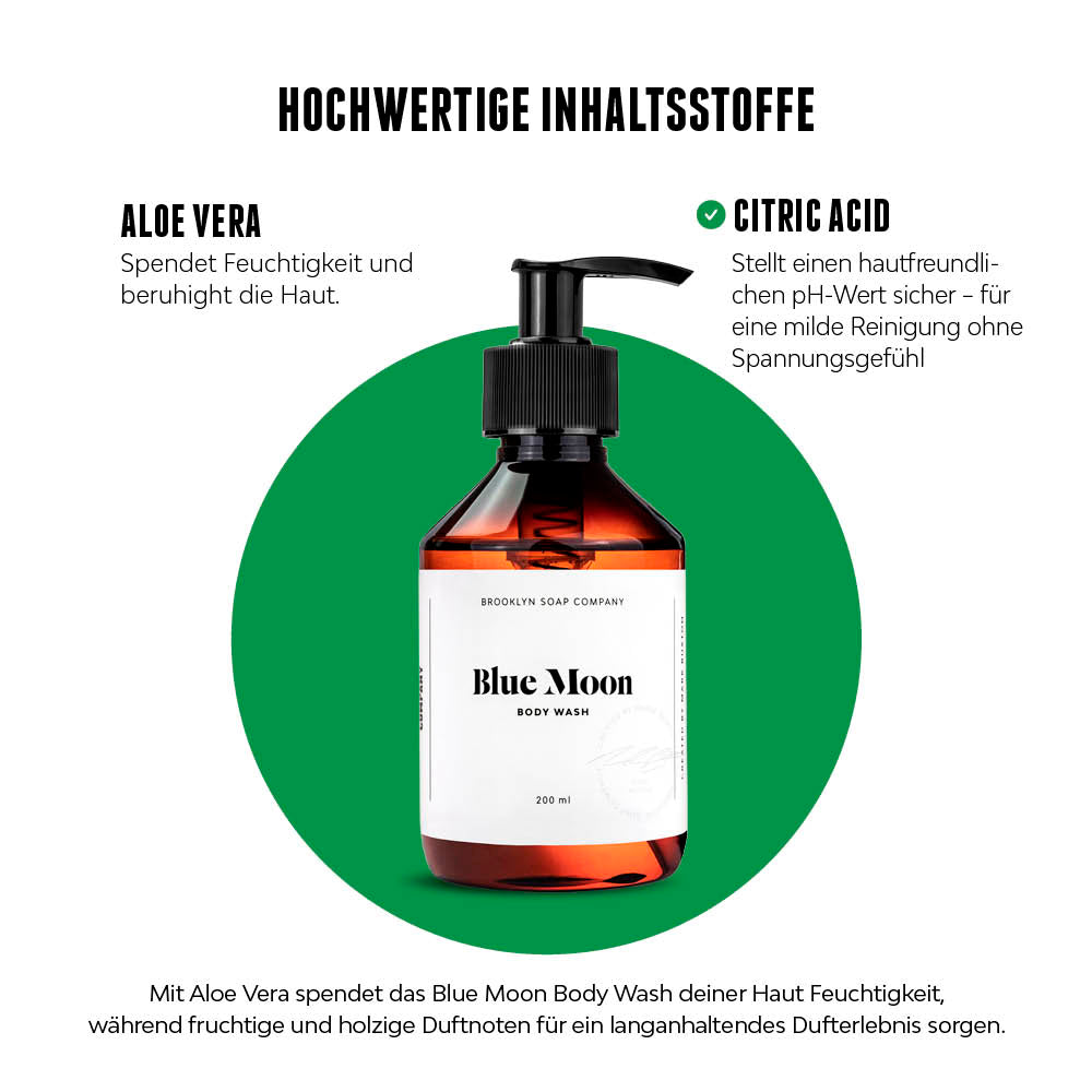 Produktdarstellung des Blue Moon Body Wash mit erklärenden Infos zu den hochwertigen Inhaltsstoffen Aloe Vera und Citric Acid auf grünem Hintergrund.