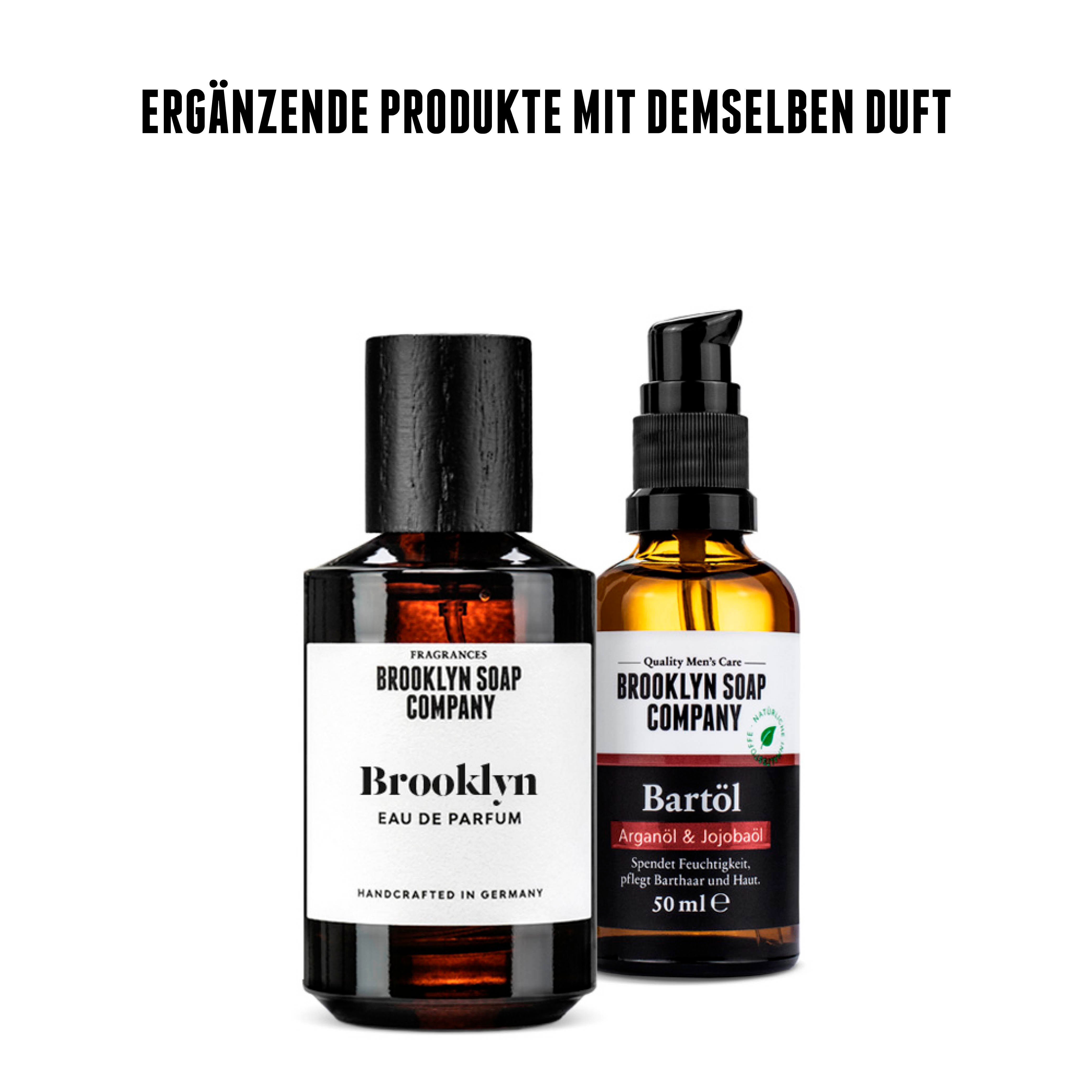 Brooklyn Eau de Parfum im Set mit Bartöl für Männer von der Brooklyn Soap Company – perfekt abgestimmte Düfte für Bart und Körper.