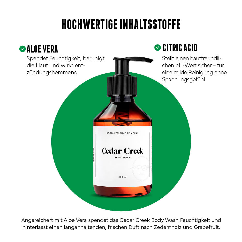 Cedar Creek Body Wash mit Fokus auf Inhaltsstoffe Aloe Vera und Sodium Laureth Sulfate auf grünem Hintergrund.