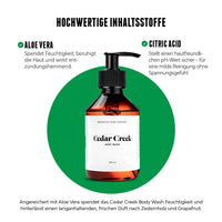 Cedar Creek Body Wash mit Fokus auf Inhaltsstoffe Aloe Vera und Citric Acid auf grünem Hintergrund.