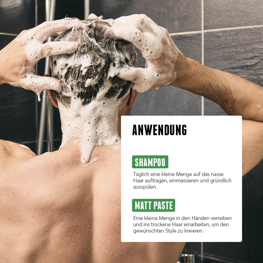 Ein Mann wäscht sich unter der Dusche mit Brooklyn Soap Company Shampoo die Haare – daneben ein Anwendungshinweis für Shampoo und Matt Paste.