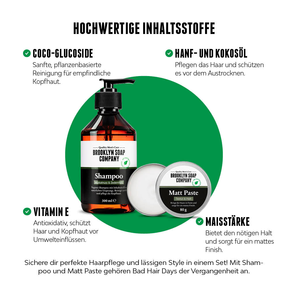 Produktabbildung von Brooklyn Soap Company Shampoo und Matt Paste auf grünem Hintergrund mit Icons und Texten zu den Inhaltsstoffen wie Coco-Glucoside, Hanföl, Kokosöl, Vitamin E und Maisstärke.