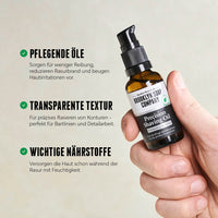 Shaving Oil wird in der Hand gehalten, daneben Text zu pflegenden Ölen, transparenter Textur und feuchtigkeitsspendenden Nährstoffen.