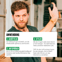 Das Sea Salt Texture Meersalzspray für Männer ist einfach in der Anwendung: Einfach schütteln, ins Haar sprühen und Haare nach Belieben Stylen. Für den Messy Hair Look bei Männern.