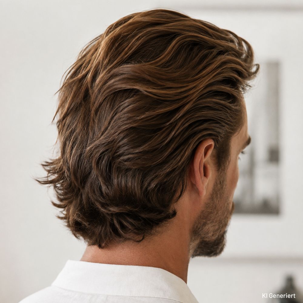Mann mit mittellangem, welligem braunem Haar im texturierten Bro-Flow-Stil, von hinten und leicht seitlich fotografiert.