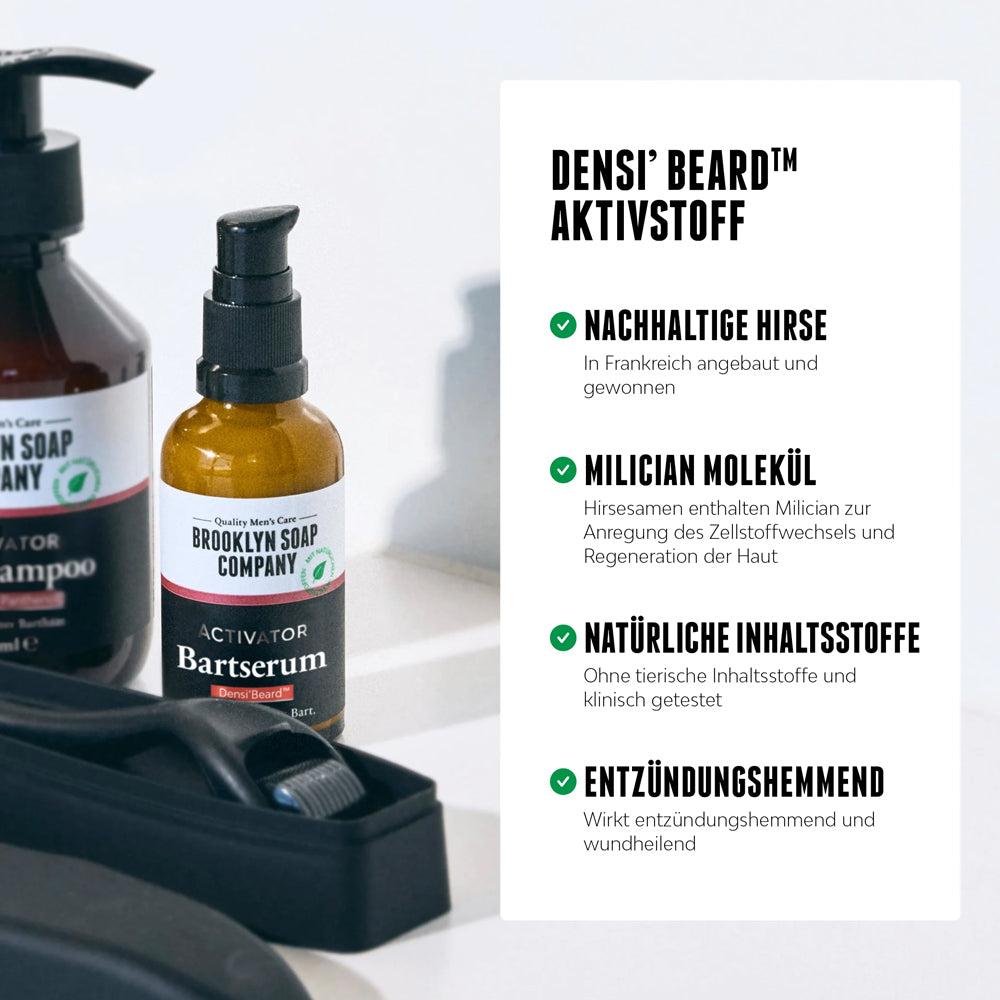 Der patentierte Aktivstoff des Activator Bartserums Densi'Beard aus nachhaltig angebauter Hirse wirkt entzündungshemmend, wundheilend und  fördert das Bartwachstum. [DE][AT]