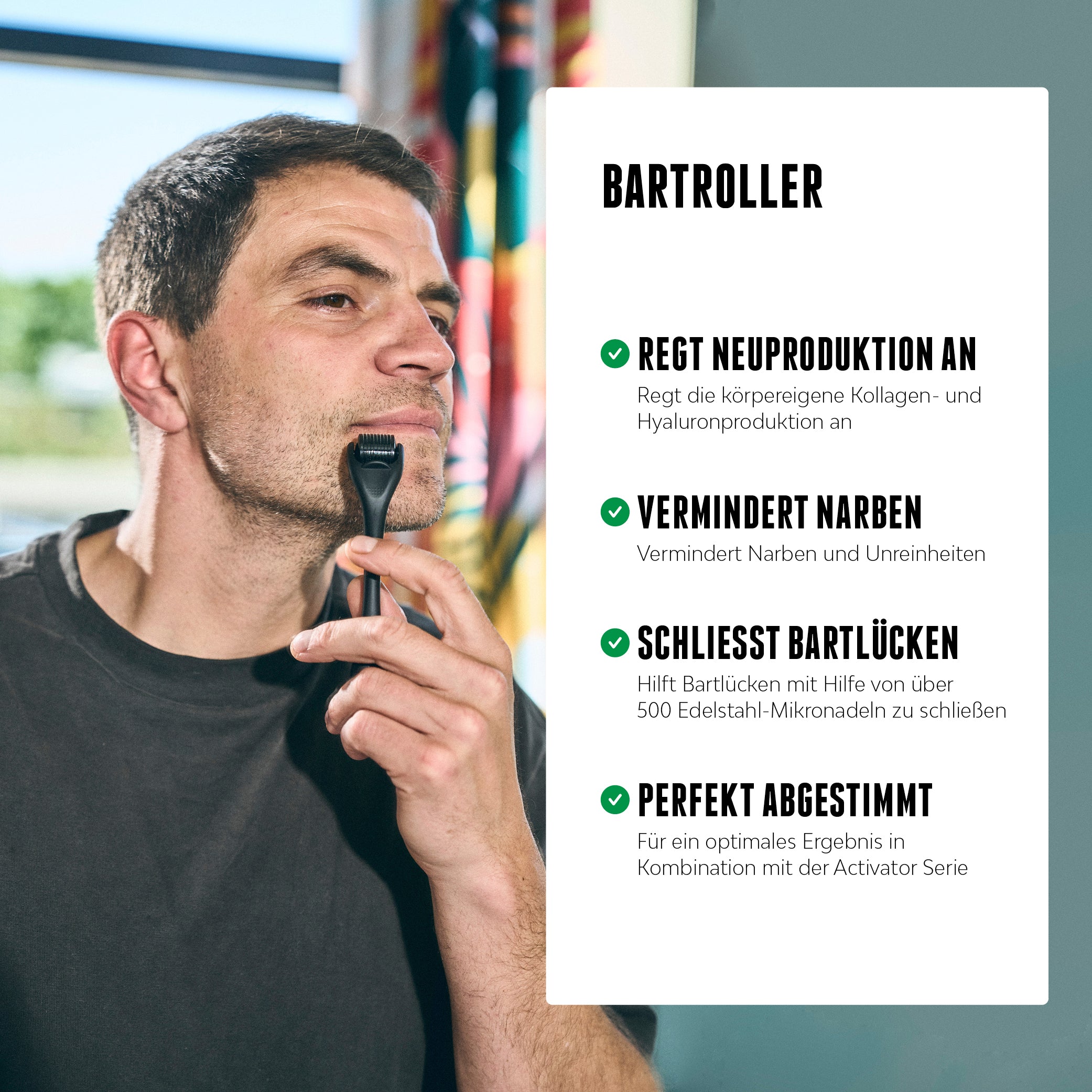 Der Bartroller regt die körpereigene Kollagen- und Hyaluronproduktion an, schließt Bartlücken, sorgt für mehr Bartwachstum und ebenmäßigere Haut bei Männern. [DE] [AT]