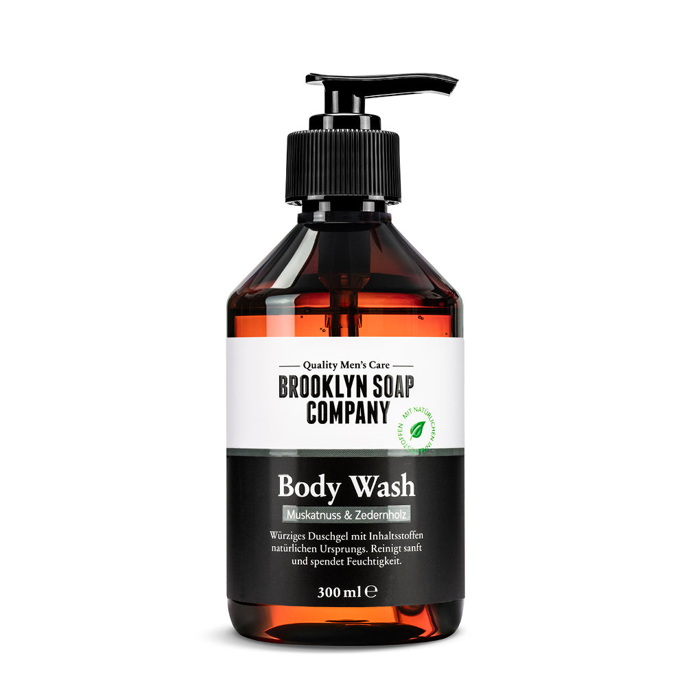 Body Wash von der Brooklyn Soap Company mit Muskatnuss- und Zedernholzduft zur sanften Reinigung und intensiven Feuchtigkeitspflege.
