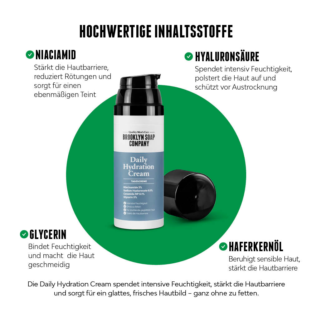 Die Daily Hydration Cream von der Brooklyn Soap Company ist die ideale Tagescreme für Männer, die ihrer Haut intensive Feuchtigkeit schenken wollen – ganz ohne Glanz oder fettiges Gefühl. Mit einer effektiven Wirkstoffkombination aus Niacinamid (3 %), Hyaluronsäure, Glycerin, Ceramiden und Haferkernöl stärkt sie die Hautbarriere, beruhigt trockene oder gereizte Haut und sorgt für ein ebenmäßiges, frisches Hautbild.
