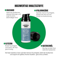 Die Daily Hydration Cream von der Brooklyn Soap Company ist die ideale Tagescreme für Männer, die ihrer Haut intensive Feuchtigkeit schenken wollen – ganz ohne Glanz oder fettiges Gefühl. Mit einer effektiven Wirkstoffkombination aus Niacinamid (3 %), Hyaluronsäure, Glycerin, Ceramiden und Haferkernöl stärkt sie die Hautbarriere, beruhigt trockene oder gereizte Haut und sorgt für ein ebenmäßiges, frisches Hautbild.