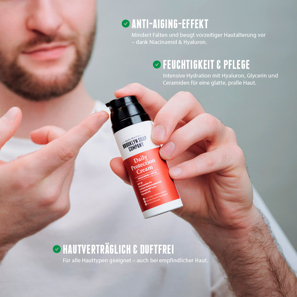 Die Daily Protection Tagescreme für Männer spendet Feuchtigkeit und schützt die Haut vor schädlicher UV-Strahlung. 