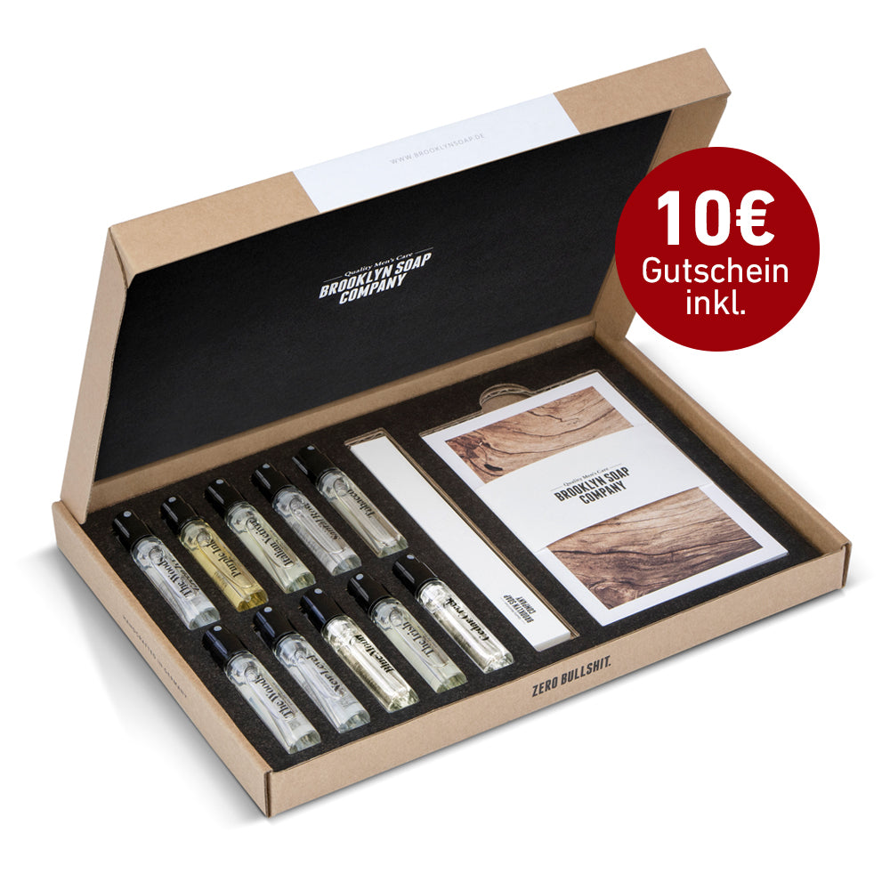 Discovery Set für Männer von der Brooklyn Soap Company mit 10 Herrendüften, Duftbeschreibung, Teststreifen und 10 € Gutschein – ideal zum Testen und als Geschenk für Männer.
