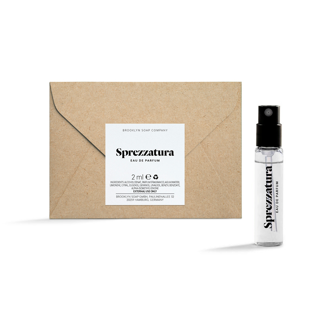 Sprezzatura Eau de Parfum Probe von der Brooklyn Soap Company für Männer, handliche 2 ml Probiergröße im praktischen Zerstäuber, ideal zum Testen des würzig-frischen Duftes oder für unterwegs.[DE] [AT]