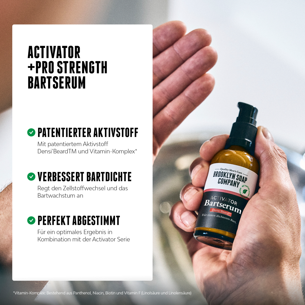 Das Activator Bartserum mit dem patentierten Aktivstoff Densi'Beard und einem Vitamin-Komplex sorgt für besseres Bartwachstum und ret den Zellstoffwechsel an. [DE][AT]