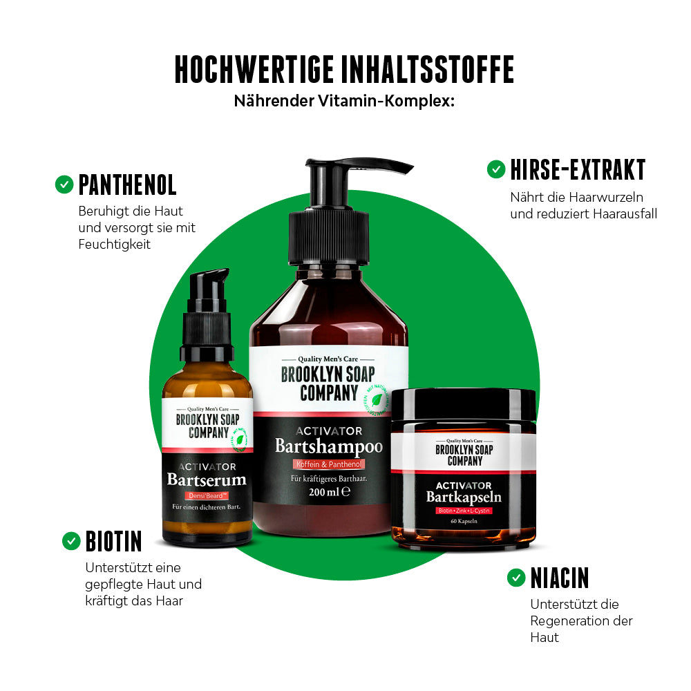 Das Activator Beard Bundle Pro stärkt das Bartwachstum von außen und innen mit hochwertigen Inhaltsstoffen wie Panthenol, Bioton, Niacin und Hirse-Extrakt. 