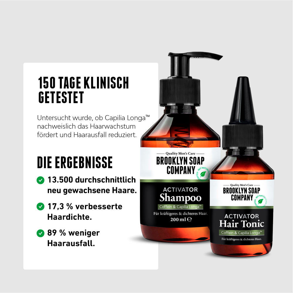 Das Activator Hair Bundle sorgt für mehr Haarwachstum, eine verbesserte Haardichte und deutlich weniger Haarausfall in nur 150 Tagen. 