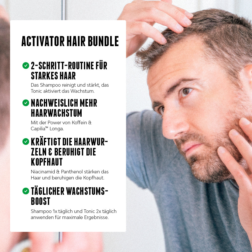 Das Activator Hair Bundle sorgt für nachweislich mehr Haarwachstum, kräftigt die Haarwurzel, beruhigt die Kopfhaut und stoppt übermäßigen Haarausfall in nur 2 Schritten. 