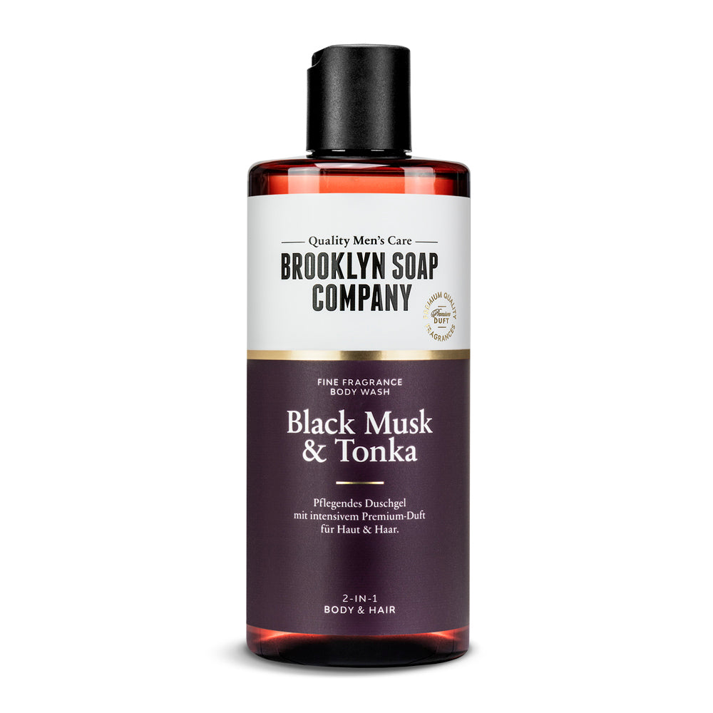 Das Black Musk & Tonka Body Wash von der Brooklyn Soap Company sorgt mit Panthenol und Vitamin E für eine sanfte Reinigung von Haut und Haar. Das 2-in-1 Duschgel spendet Feuchtigkeit, schützt die Haut und hinterlässt einen fein-würzigen Duft mit Noten von strahlendem Moschus, saftigem Apfel und floraler Orangenblüte.[DE][AT]