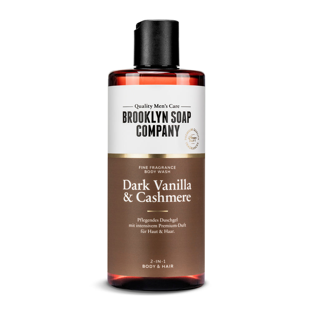 Das Dark Vanilla & Cashmere Body Wash von der Brooklyn Soap Company sorgt mit Panthenol und Vitamin E für eine sanfte Reinigung von Haut und Haar. Das 2-in-1 Duschgel spendet Feuchtigkeit, schützt die Haut und hinterlässt einen samtig-eleganten Duft mit Noten von spritziger Mandarine und edler Rose. [DE] [AT]