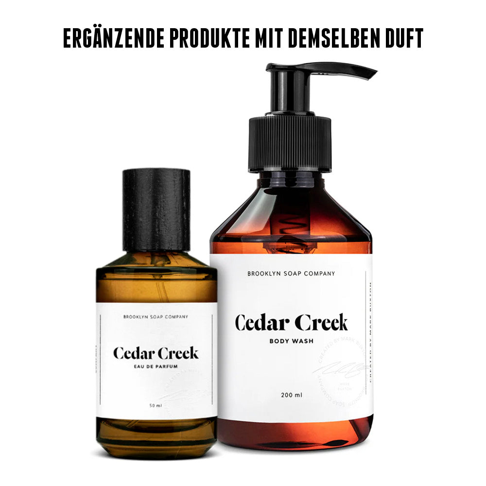 Cedar Creek Bundle von der Brooklyn Soap Company mit Eau de Parfum und Body Wash im gleichen frischen, holzigen Herrenduft – ideal zum Kombinieren oder als Geschenk für Männer. 